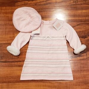 Janie and Jack NWT 6-12 months pink fair isle dress w/ fur trim and matching hat